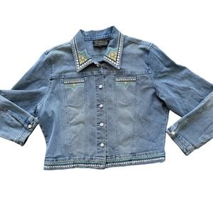 Christine Alexander Womens Medium Embellished Denim Jacket Cross Rhinestone Blue